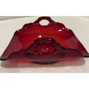 Vintage Ruby Red candy or trinket dish Glass with handles ￼